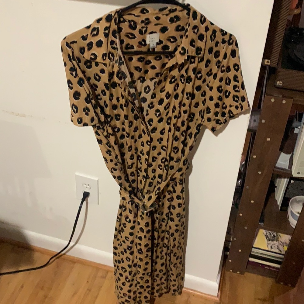 Belted leopard print midi dress
